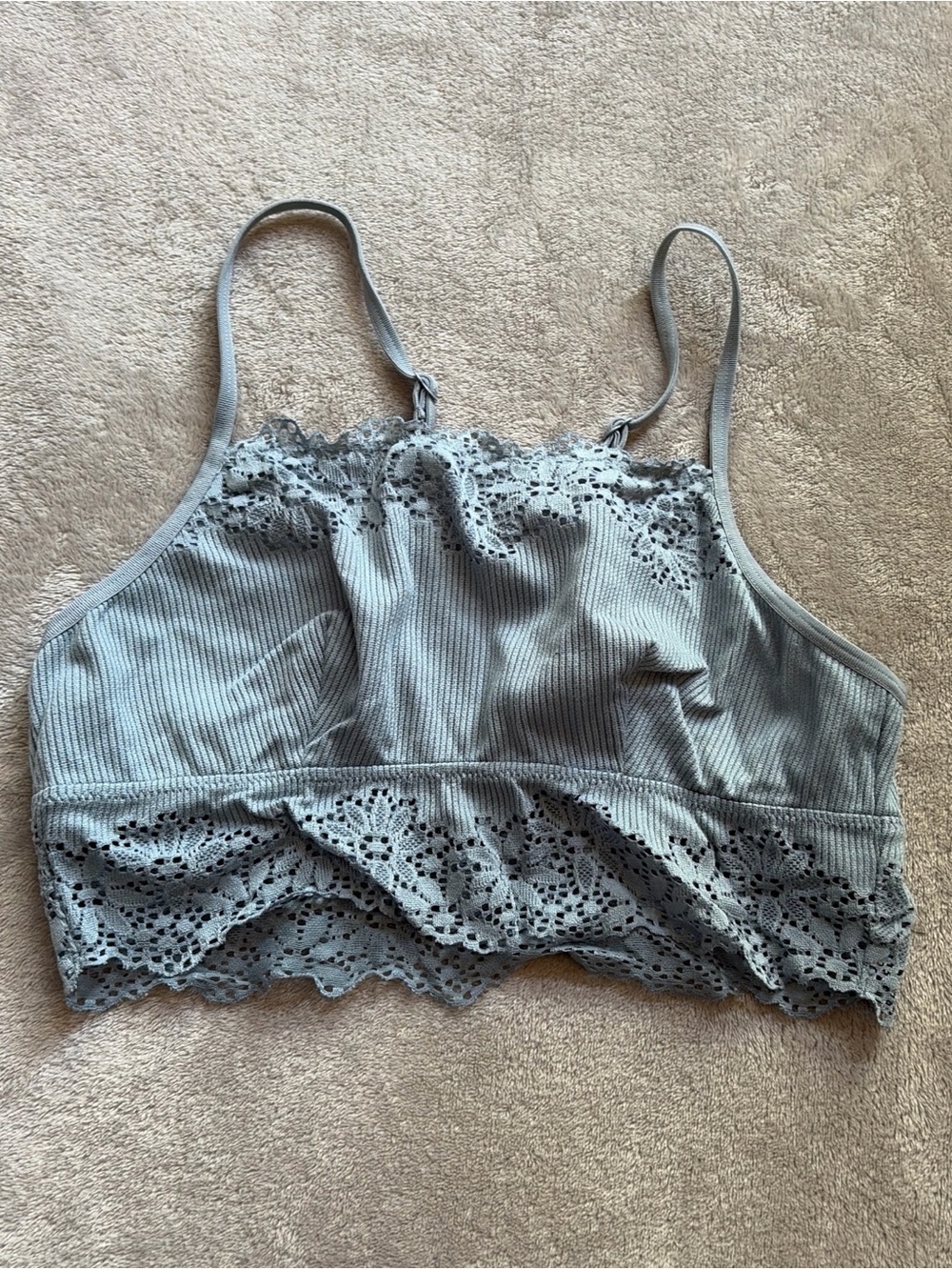 Lace Trim Ribbed Bralette - Blue